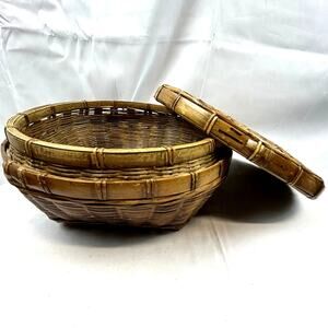 Bamboo and Rattan Vintage Basket with lid Unique 10" round 5" tall